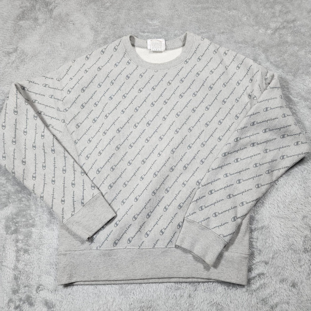 Champion Sweatshirt Womens Medium‎ Gray Reverse Weave All Over Logo Crewneck